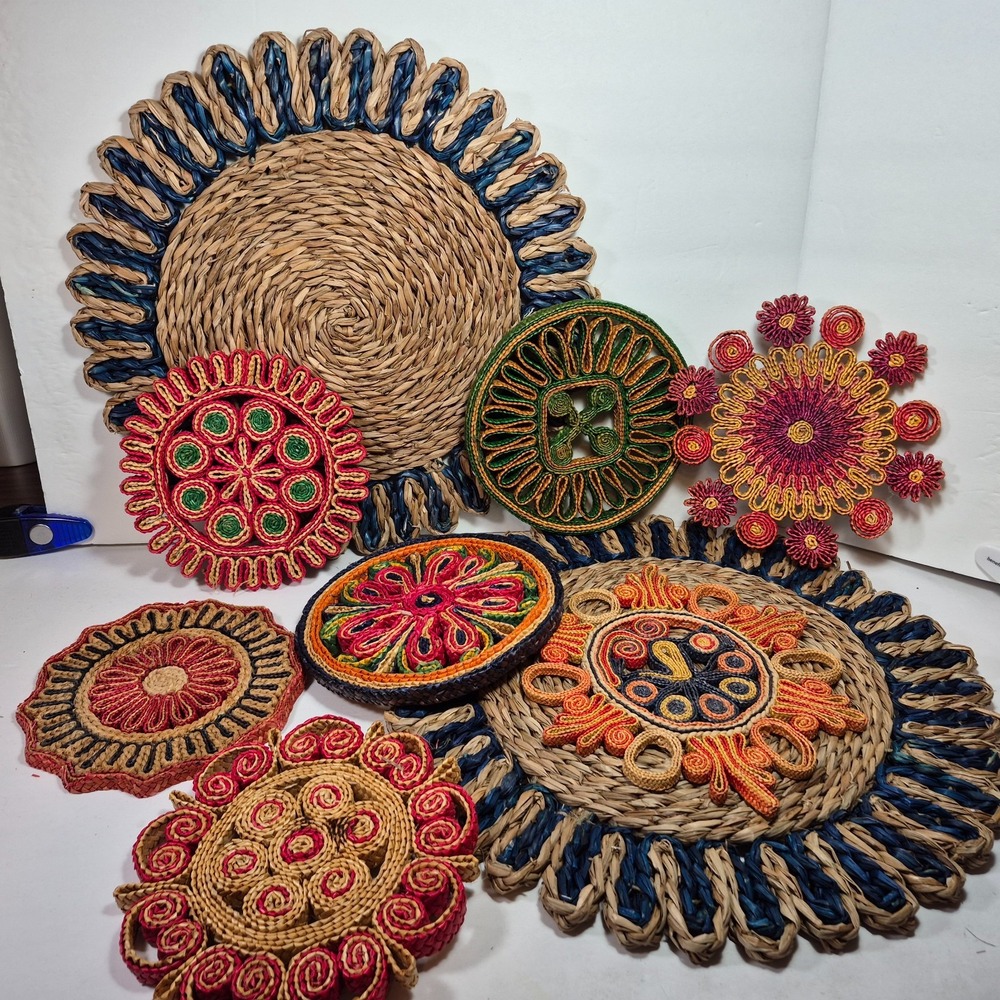 Woven Wicker Trivet Rattan Grass Raffia Hot Pads Boho Wall Decor Lot Of 9